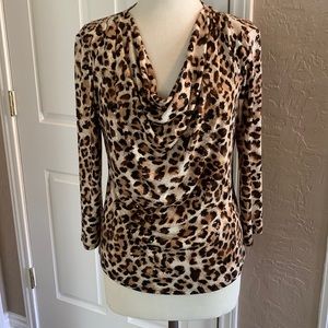 Sparkly leopard blouse for the holidays. Cowl neck. Size M/L